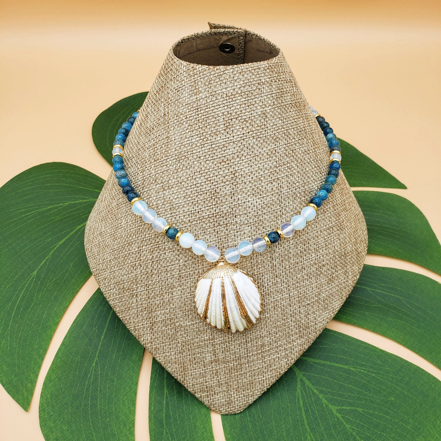 Apatite and Opalite with Gold-Plated Cockle Shell Pendant Necklace