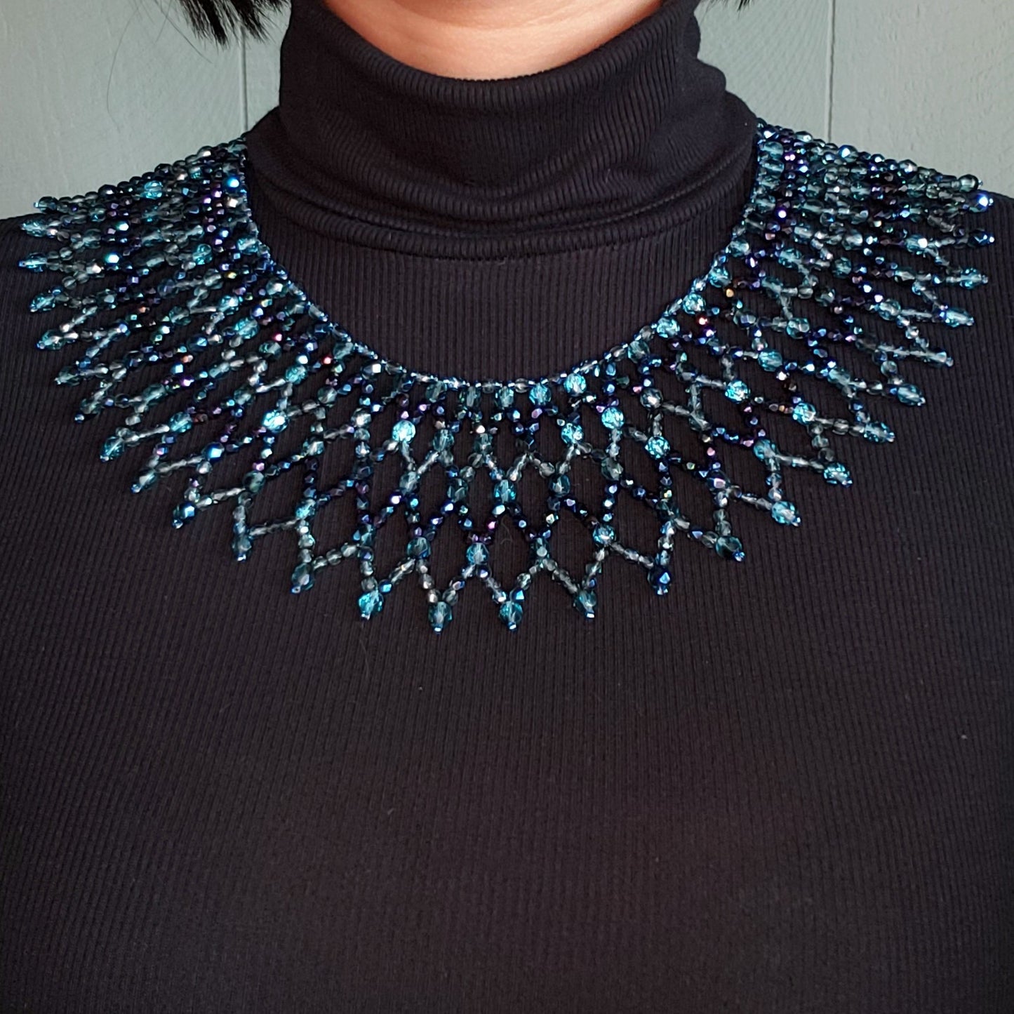 Blue / Aqua Beaded Net Statement Necklace