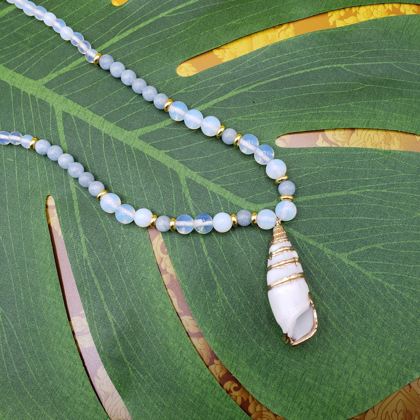 Aquamarine and Opalite with Gold-Plated Cerith Shell Pendant Necklace