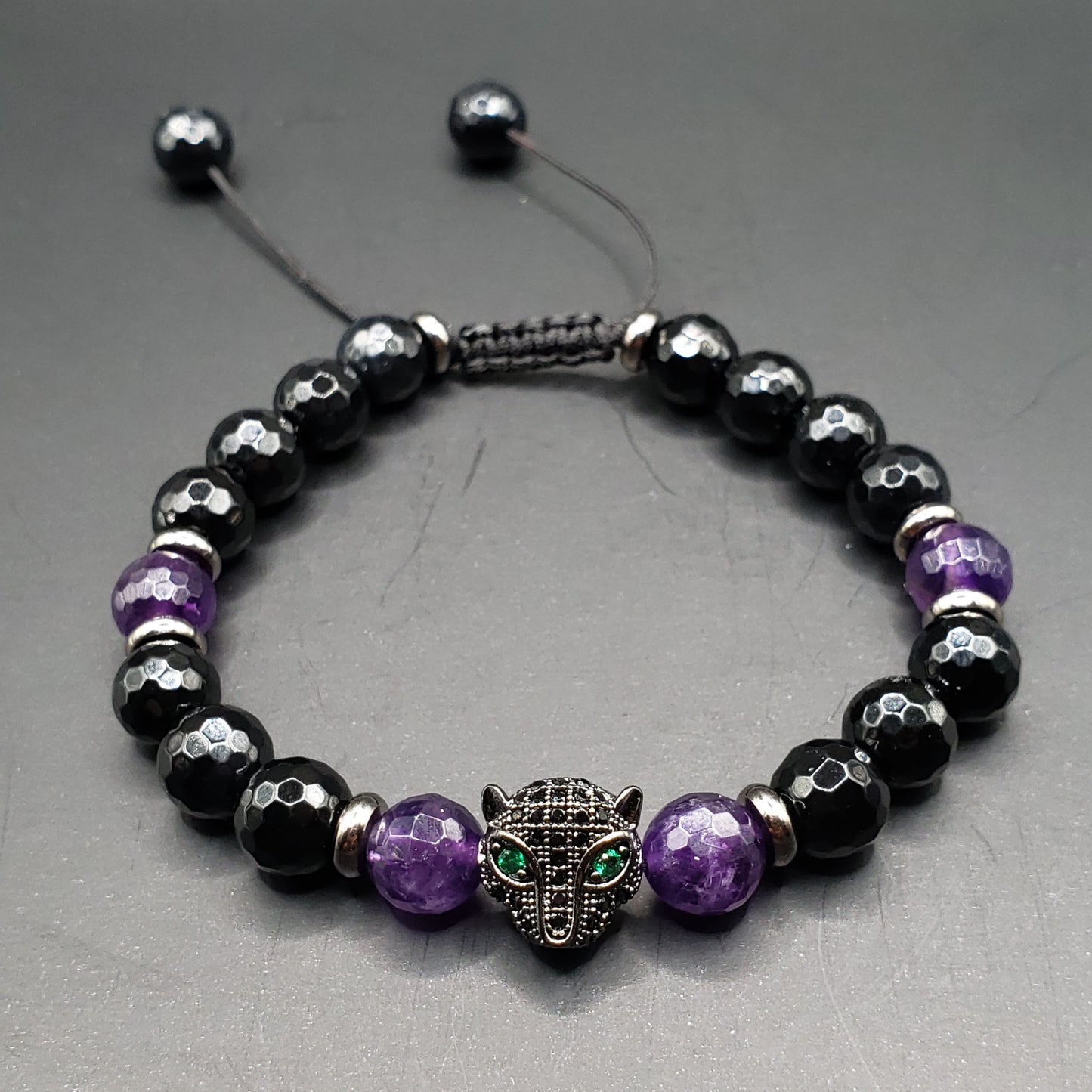 Black Panther Bracelet with Faceted Onyx and Amethyst