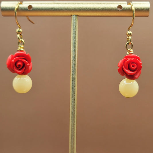 Yellow Jade and Cinnabar Rose Earrings