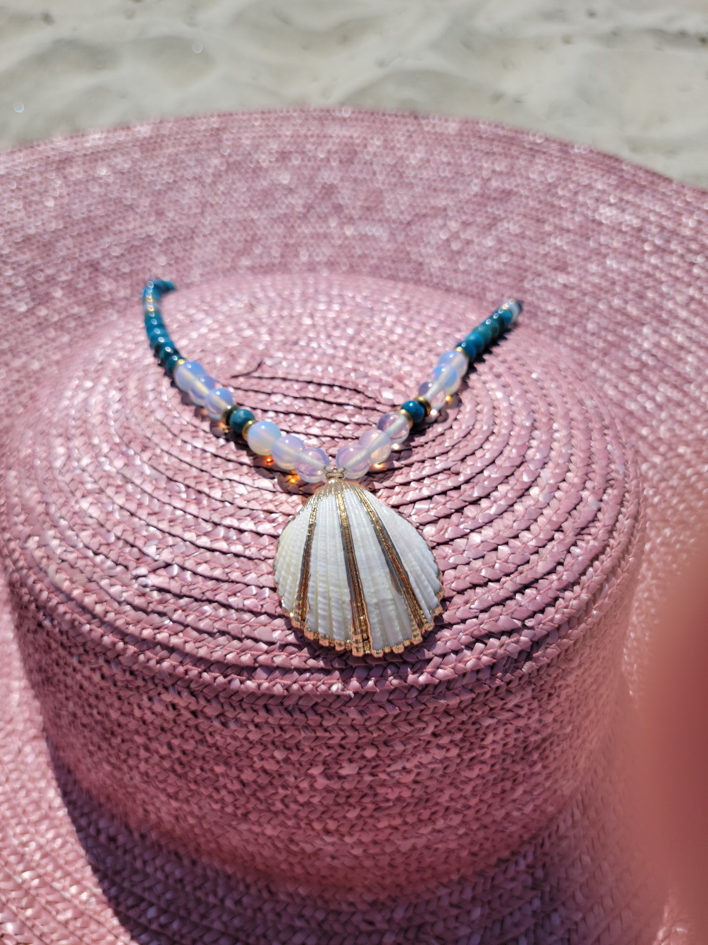 Apatite and Opalite with Gold-Plated Cockle Shell Pendant Necklace