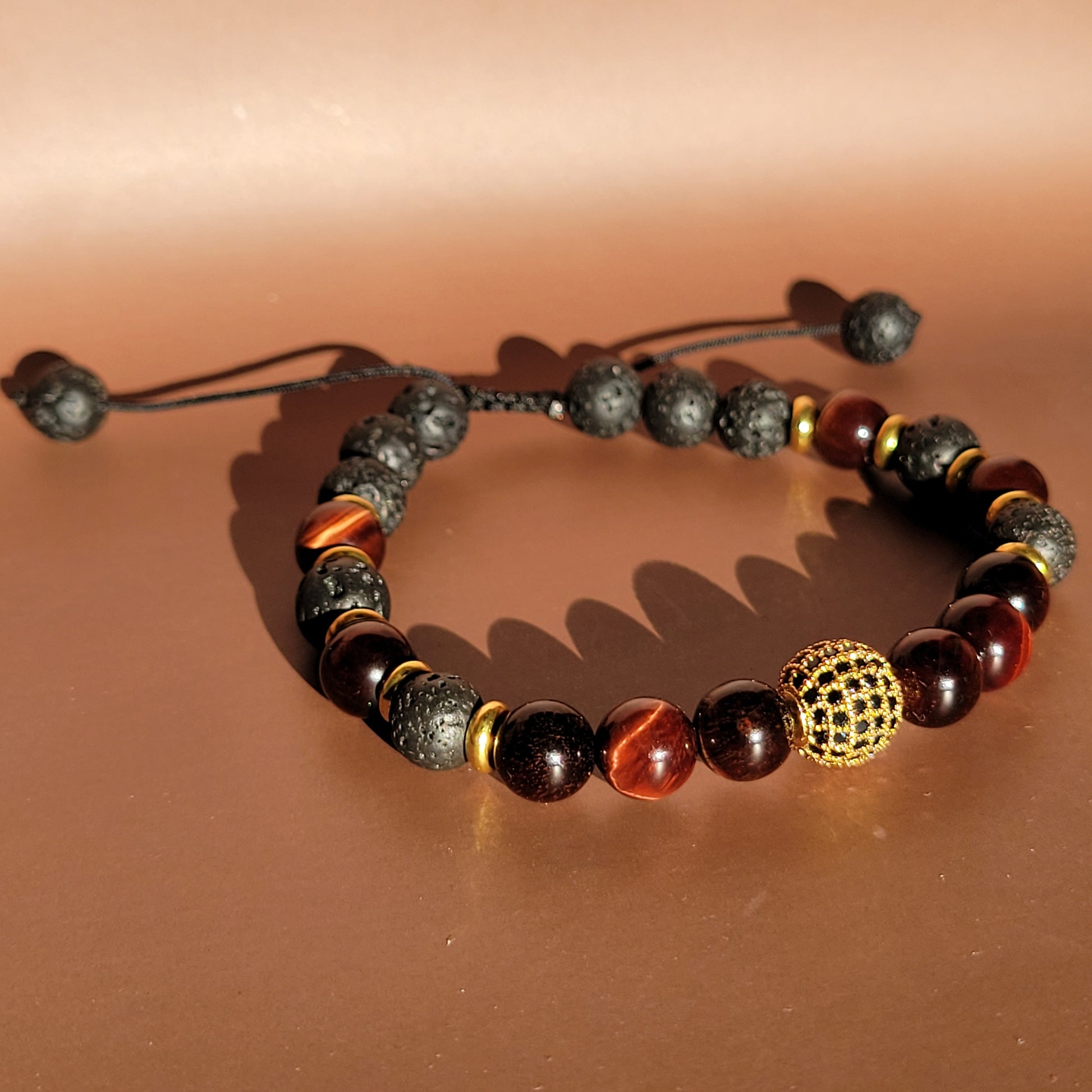 Natural Lava Beads Bracelet 4 Color Tiger Eye Stone with Matte Agate Hand  String (Red Tiger Eye, 8mm Beads x 8.5 inches)