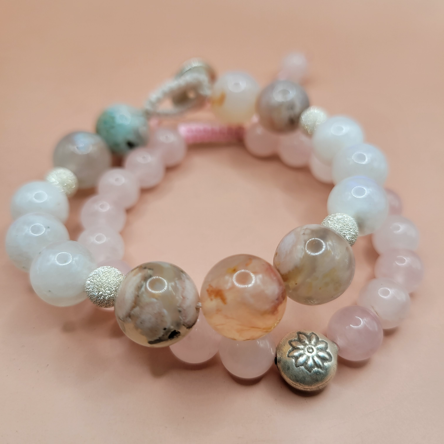 Chunky Cherry Blossom Agate, Rainbow Moonstone, and Silver Bracelet