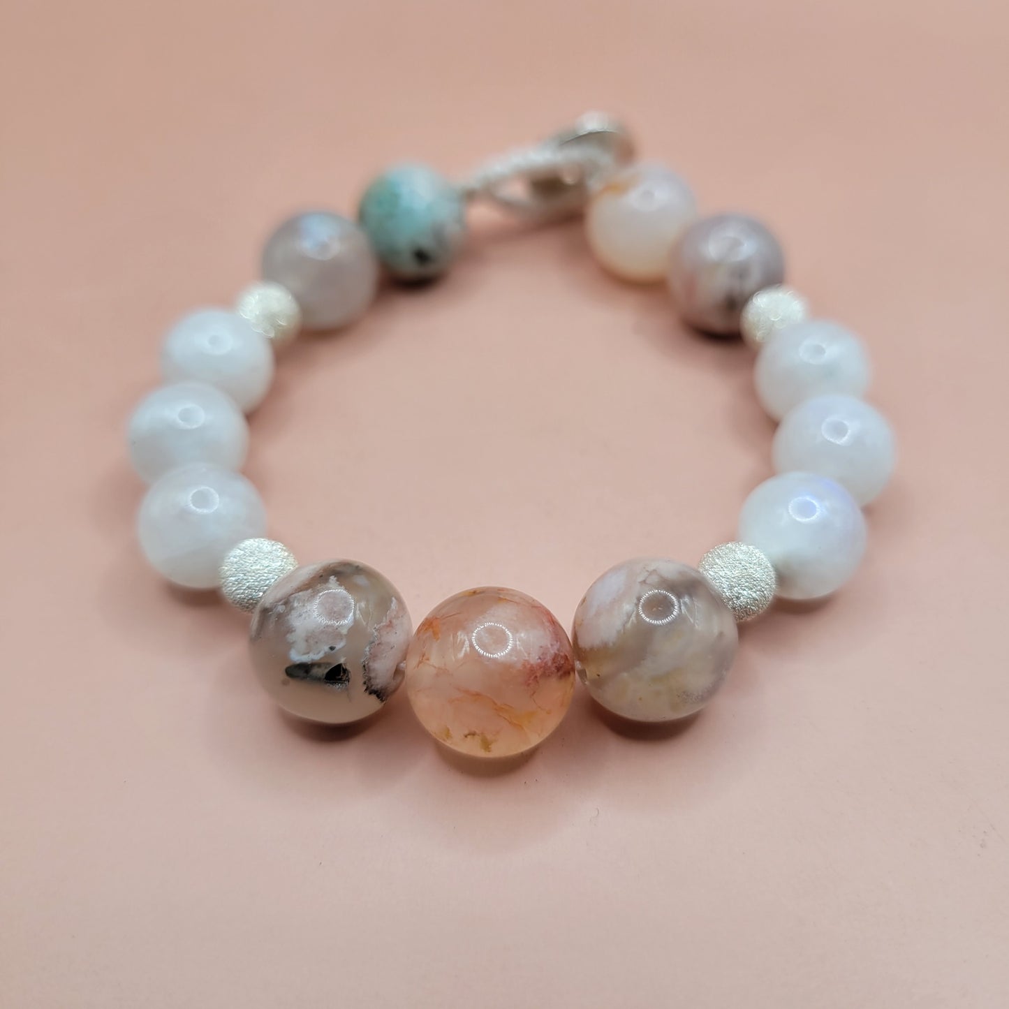 Chunky Cherry Blossom Agate, Rainbow Moonstone, and Silver Bracelet