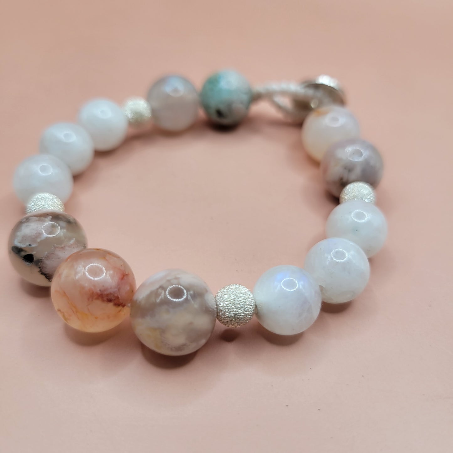 Chunky Cherry Blossom Agate, Rainbow Moonstone, and Silver Bracelet