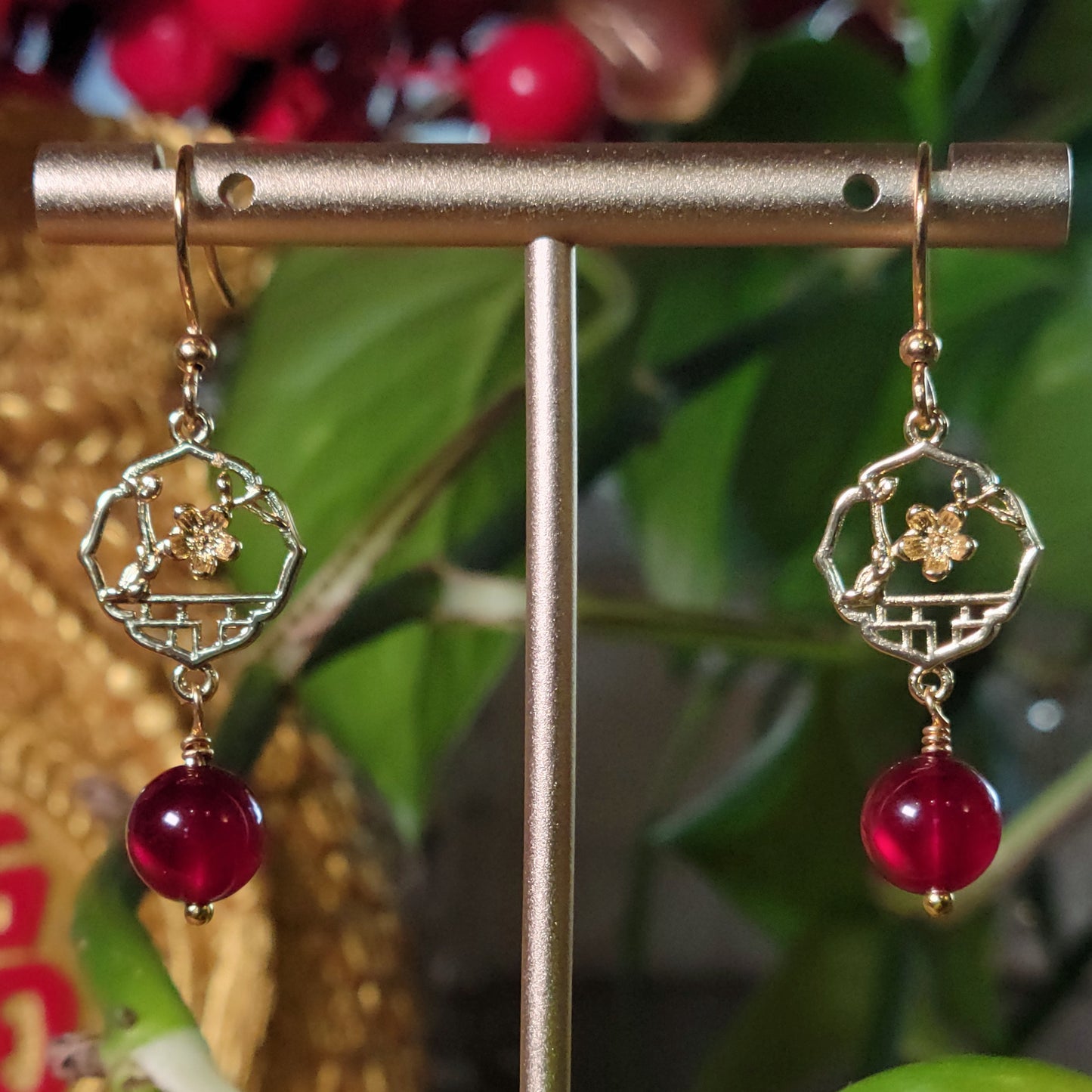 Gold Plum Blossom and Red Jade Drop Earrings