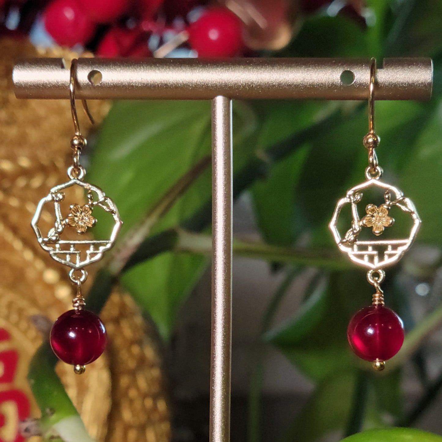 Gold Plum Blossom and Red Jade Drop Earrings