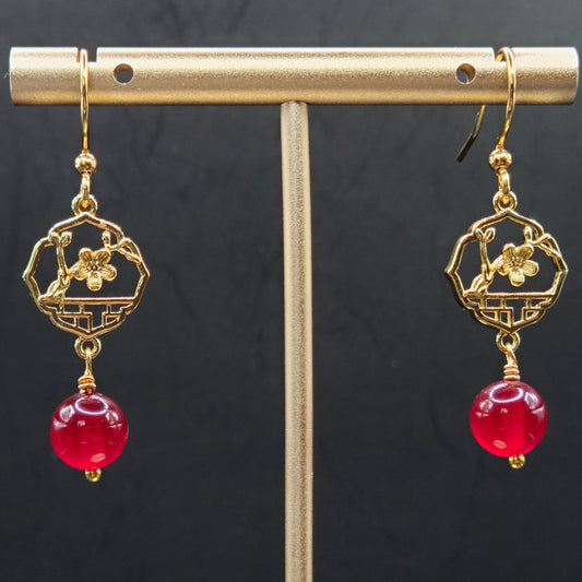 Gold Plum Blossom and Red Jade Drop Earrings